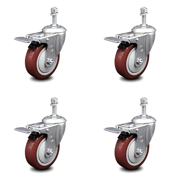 Service Caster 4 Inch Maroon Polyurethane Swivel 10mm Stem Caster Set with Total Lock Brake SCC-TSTTL20S414-PPUB-MRN-M1015-4 - main